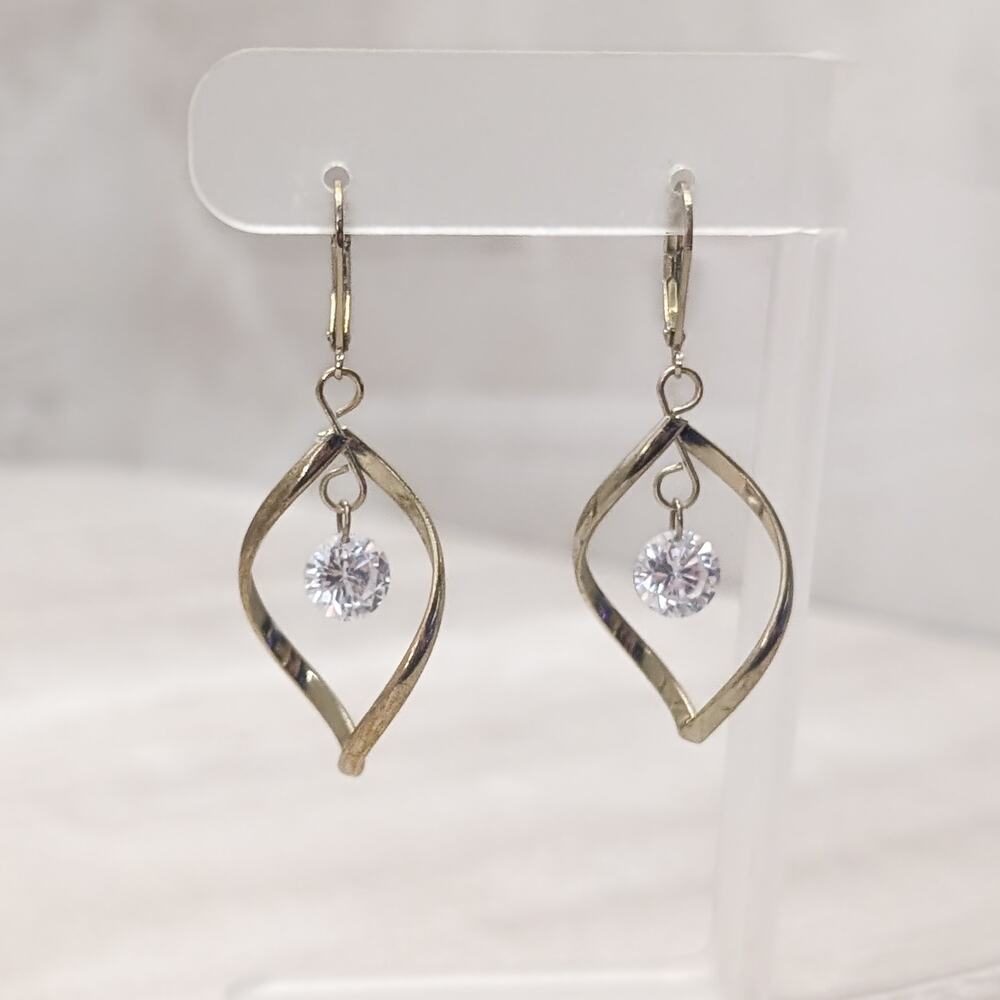 Vintage Dangle Drop Earrings Leverback Gold Tone Clear Gem - Gold Tone Darkened